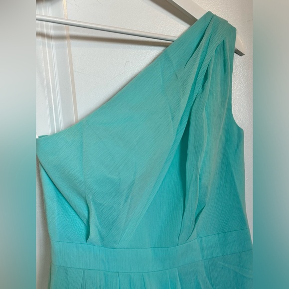 David’s Bridal long one-shoulder crinkle chiffon dress | Spa color - Picture 7 of 8